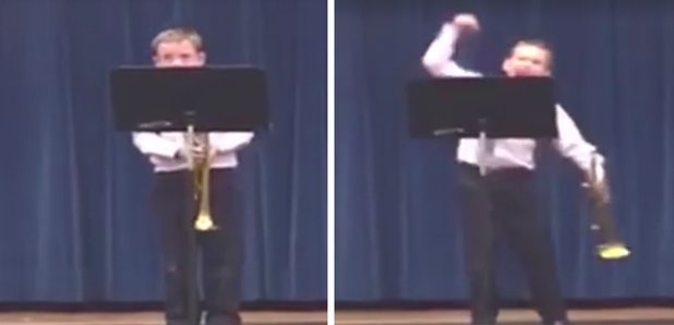 trumpet kid celebrates